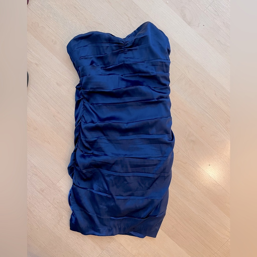 Express Dress - Royal Blue Strapless Rouched Silk Dress
